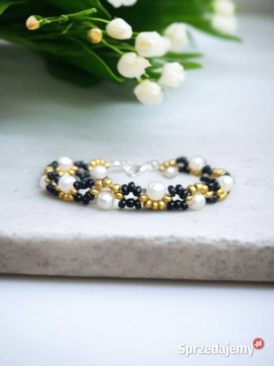 Bransoletka perłowa z czarno złotymi koralikami podkarpackie Sanok