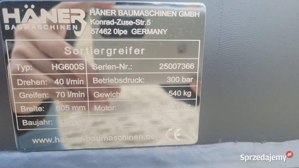 Chwytak Haner HG600S hydrauliczny obrotowy Zaklików