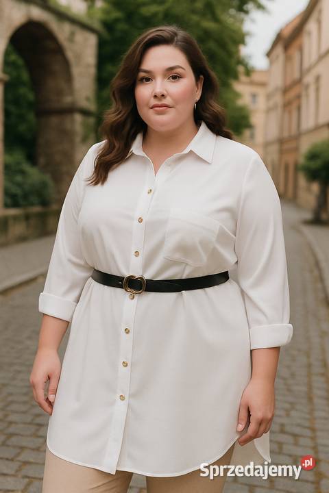 Elegancka koszula damska biała z paskiem 4648 Bluzki i koszule Moda i Styl Wieluń
