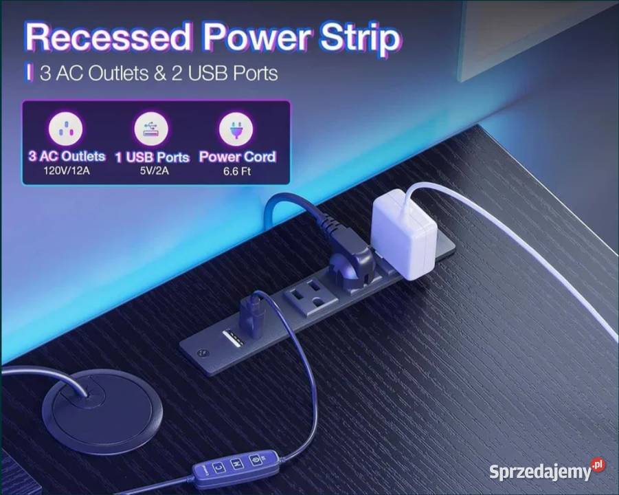 Biurko narożne blat półka stół 230VUSB Czarne Poraj