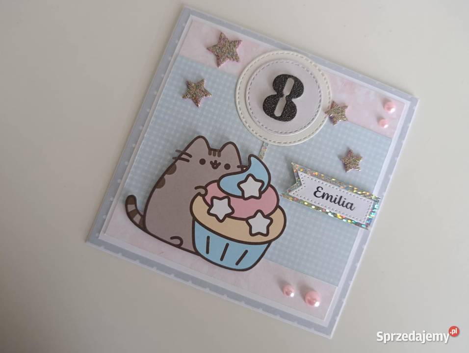 Kartka ręcznie robiona na urodziny kotek Pusheen Łódź