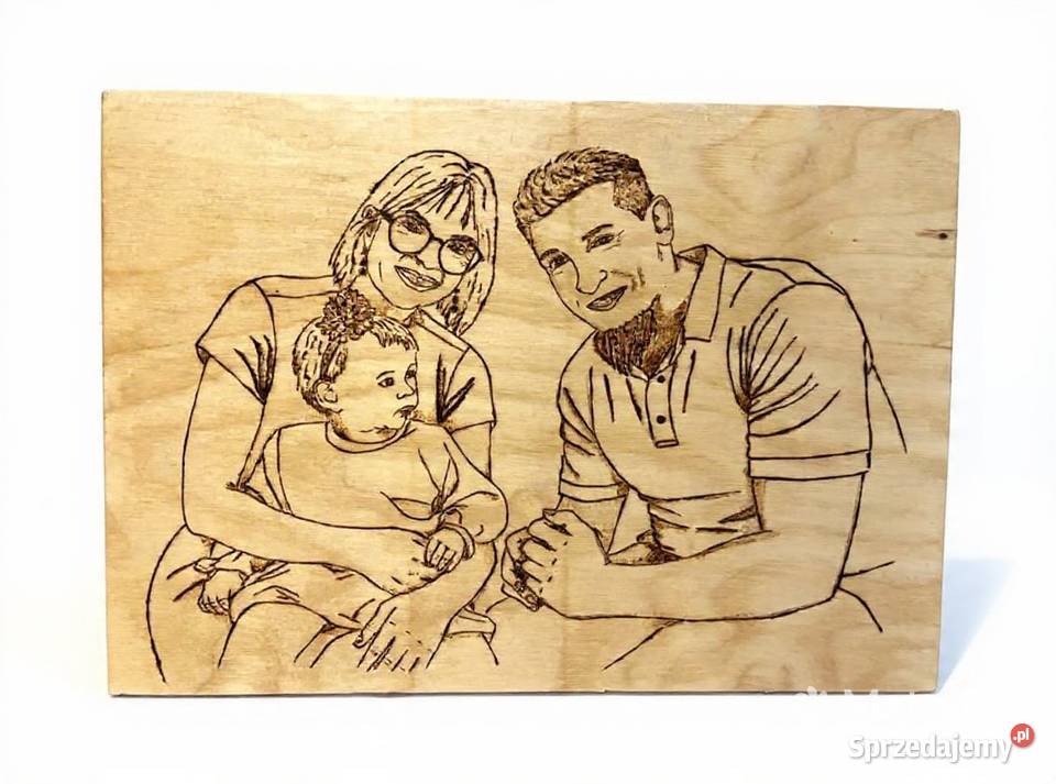 Portret obraz wypalany pirografia na desce