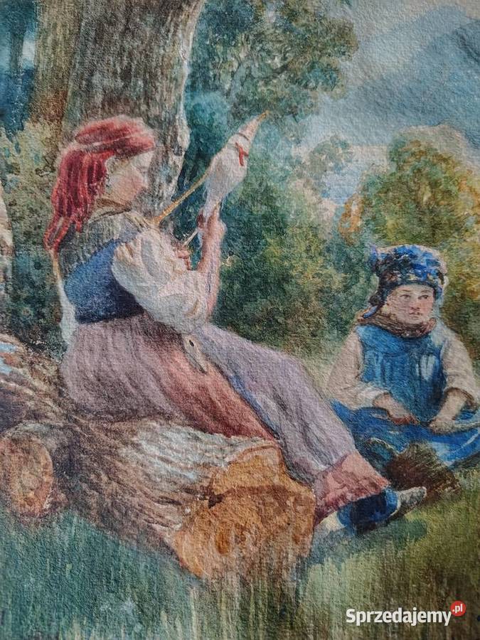 Stary obraz akwarela 1875r Malarstwo