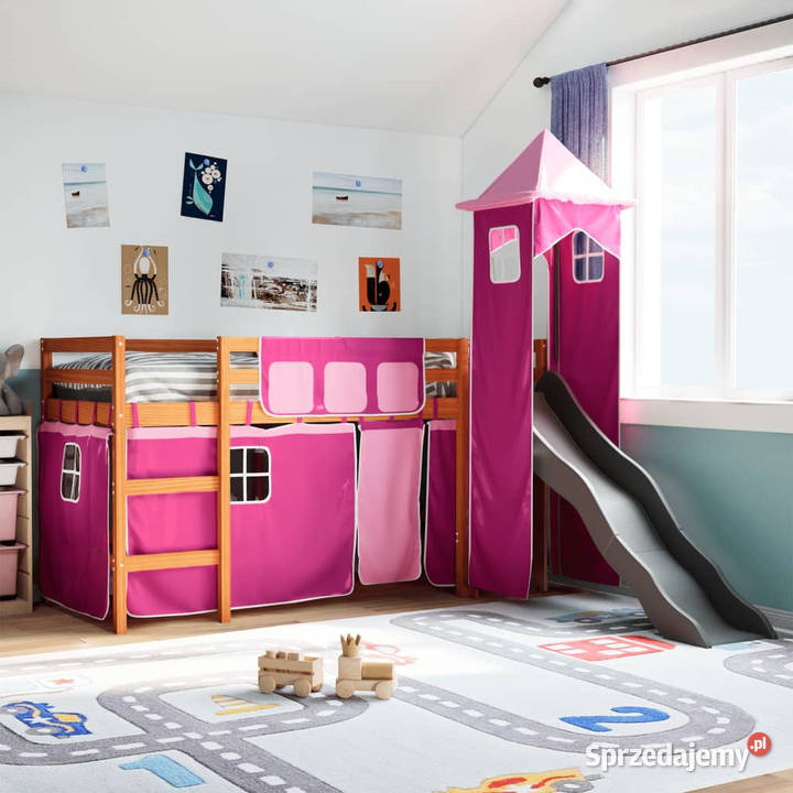 Dziecięce łóżko na antresoli z wieżą różowe 113cm Łóżka