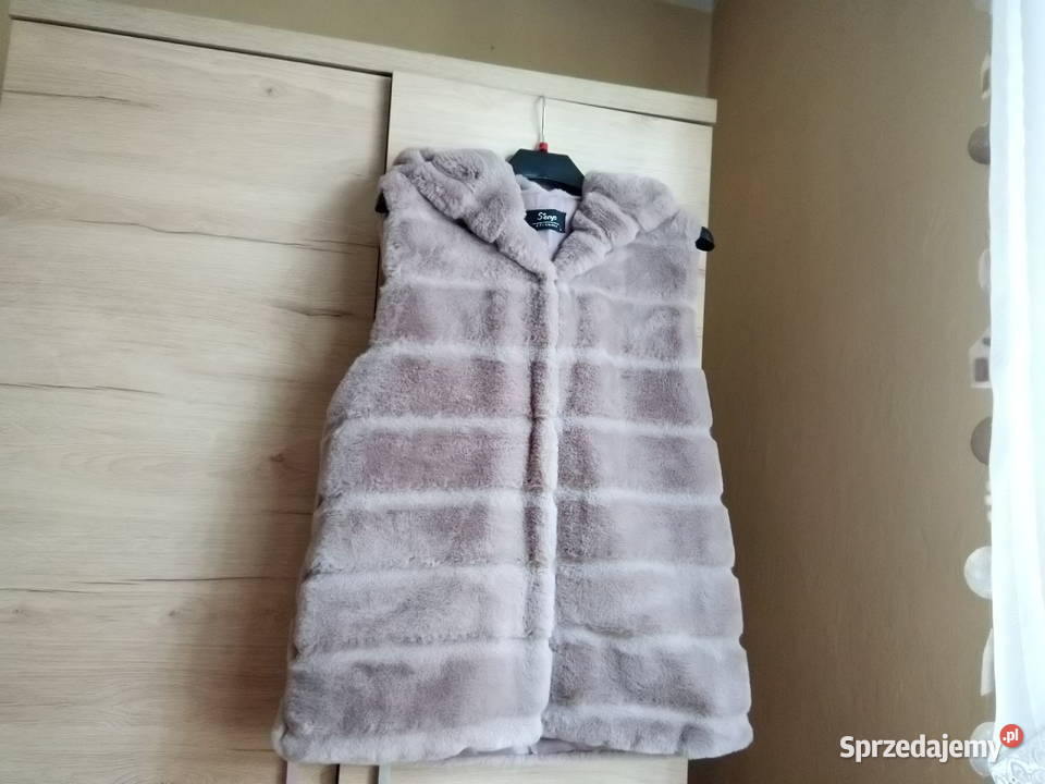 kamizelka bezrękawnik futrzany damski z kapturem brązowy/beżowy