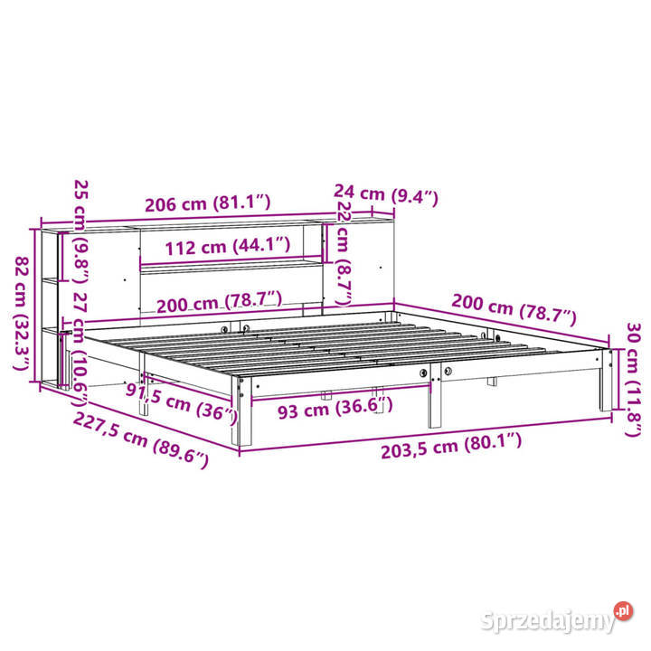 Łóżko z regałem bez materaca sosnowe 200x200 Łóżka
