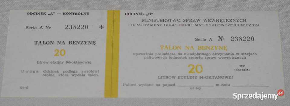 Sprzedam talon na 20l benzyny z czasów PRL Płock