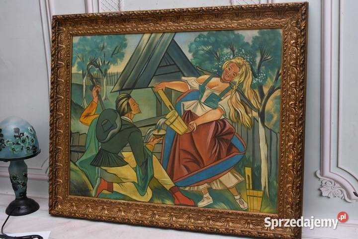 Z Stryjeńska Hucuł i Hucułka Duży Stary Obraz Kraków