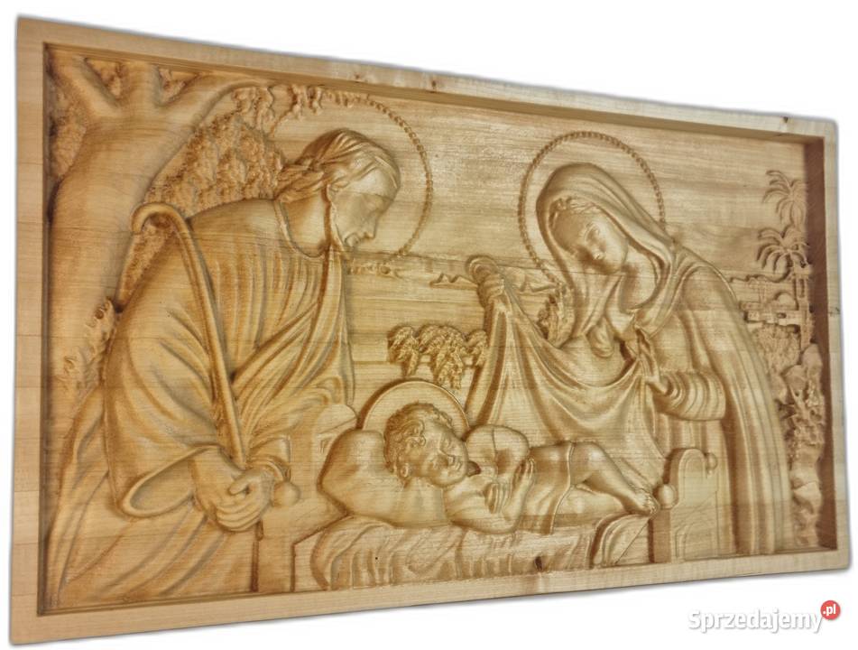 Drewniana płaskorzeźba Święta Rodzina Boże Malechowo