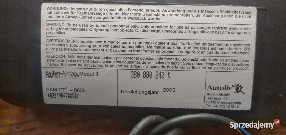 Poduszka Airbag boczna fotela VW AUDI SEAT SKODA osobowe dolnośląskie Wałbrzych