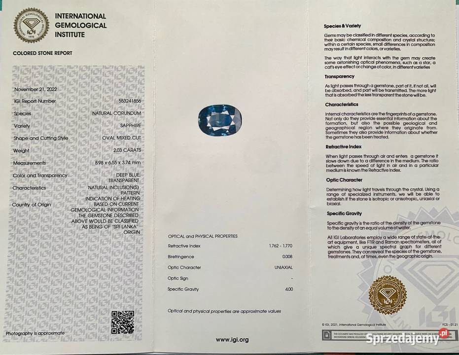 Szafir niebieski 203 ct z certyfikatem IGI Kraj Opatów