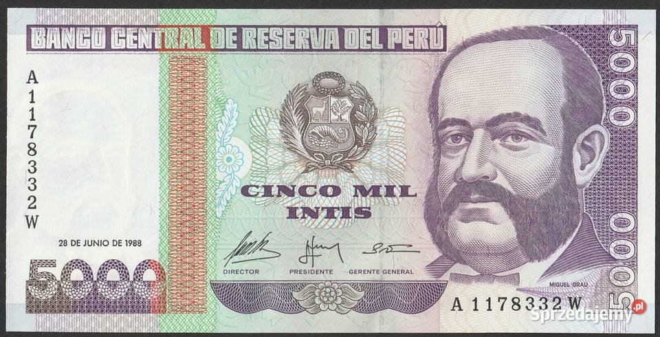 PERU 5000 INTIS 1988 STAN BANKOWY UNC łódzkie Łódź