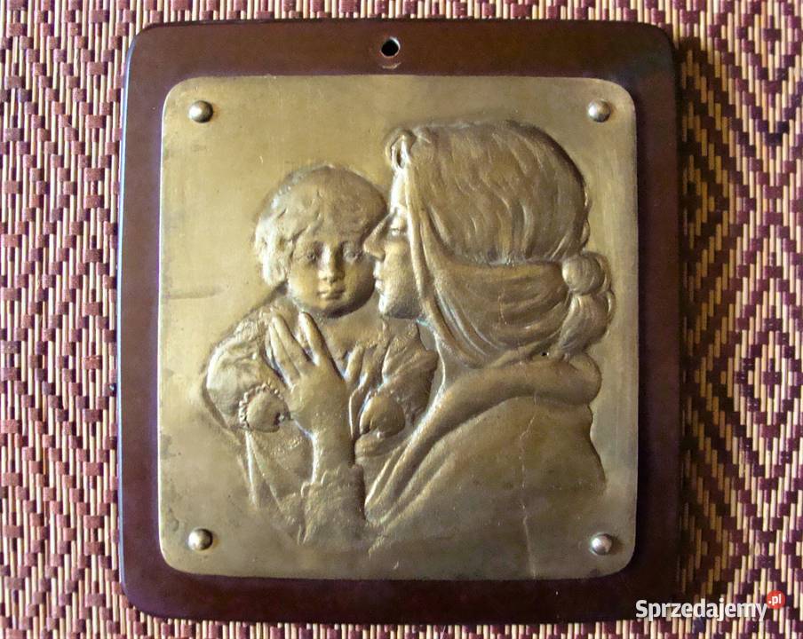 Plakieta secesyjna z mosiądzu Macierzyństwo Łódź