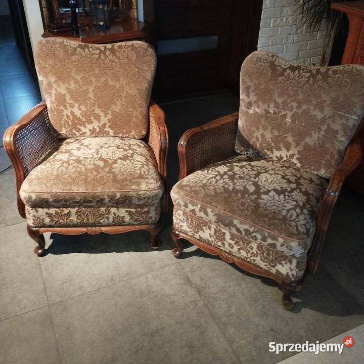 Dwa fotele Ludwik z ratanem tapicerowane
