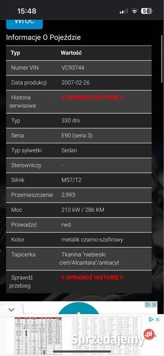 BMW E90 mpakiet z vin 330d 335d ZAMIANA Brzóza Stadnicka