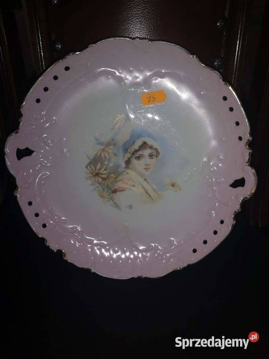 Secesja Piękna Patera reliefy z portretem Porcelana i szkło pomorskie