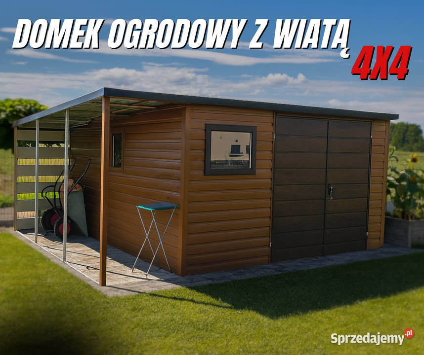 Domek Ogrodowy 4x4 z wiatą Złoty Dąb Ciemny