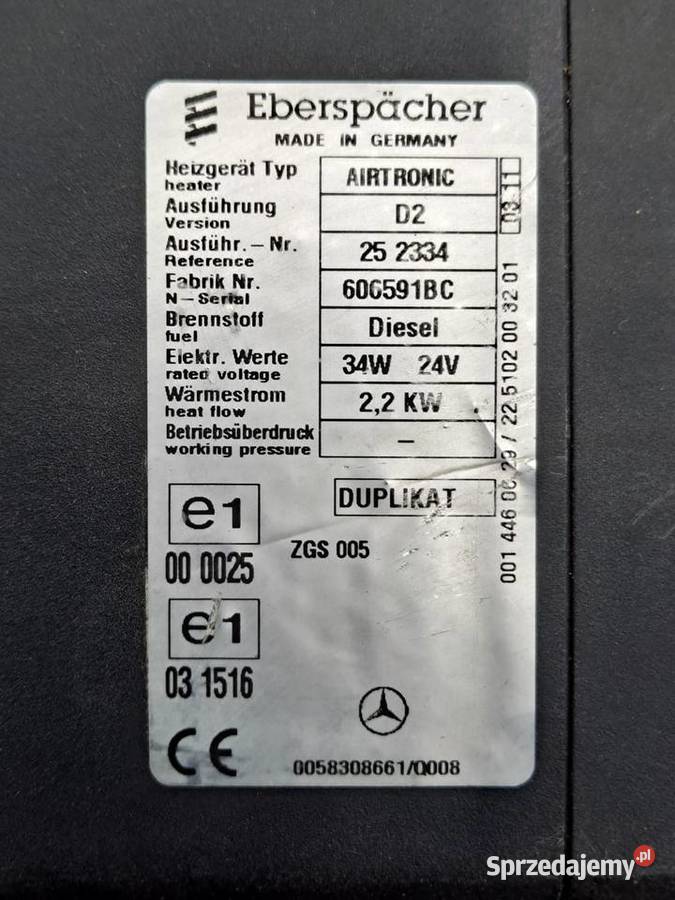 0058308661 252334 WEBASTO AIRTRONIC D2 24V ciężarowe Zawichost