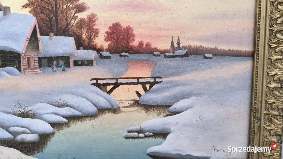 Piękny obraz olejny zimowa scena rodzajowa Łódź
