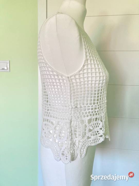 Nowy kremowy ażurowy szydełkowy top koronka S M