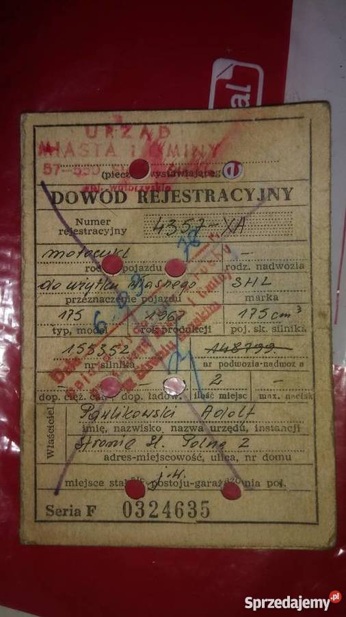 Kolekcjonerski dowód rejestracyjny SHL 1967 Pozostałe Kłodzko sprzedam