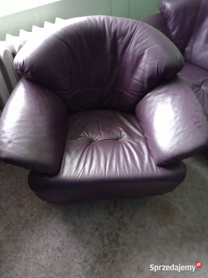 Sofa i dwa fotele skórzane fioletowe Łomża
