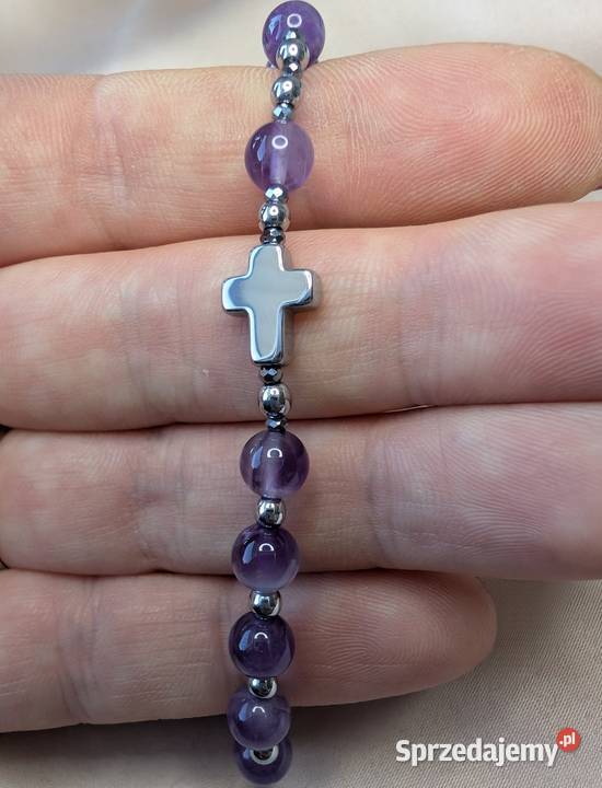 Bransoletka różaniec kamienie ametyst krzyżyk Łowicz