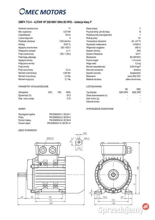 silnik elektryczny 037kW 1400obr 3fazowy 71B3 Pigża