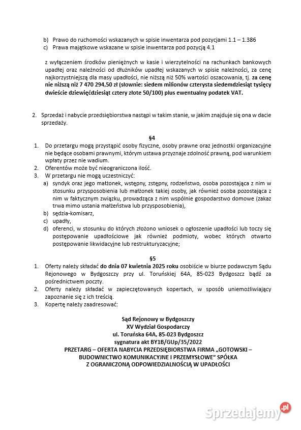 Syndyk sprzeda przedsiębiorstwo Firma GOTOWSKI