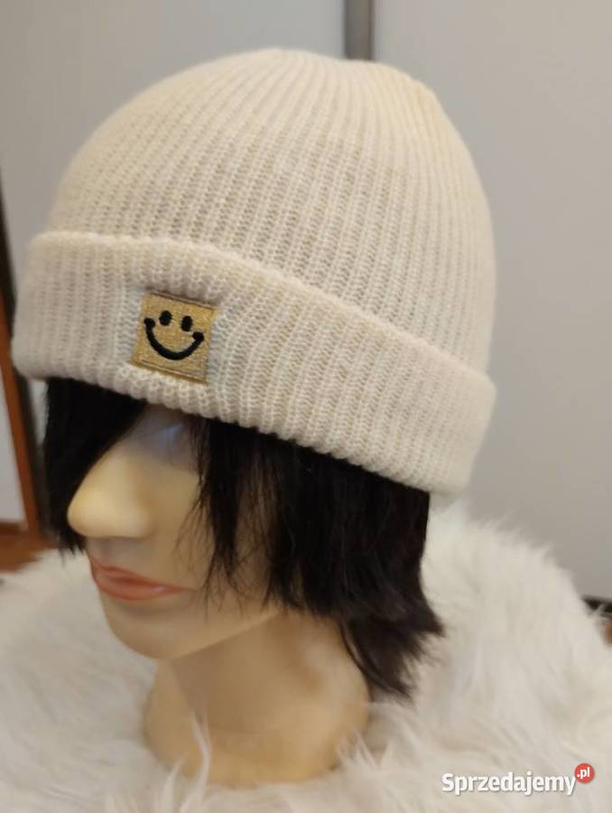Czapka prążek beżowa cieplutka śląskie