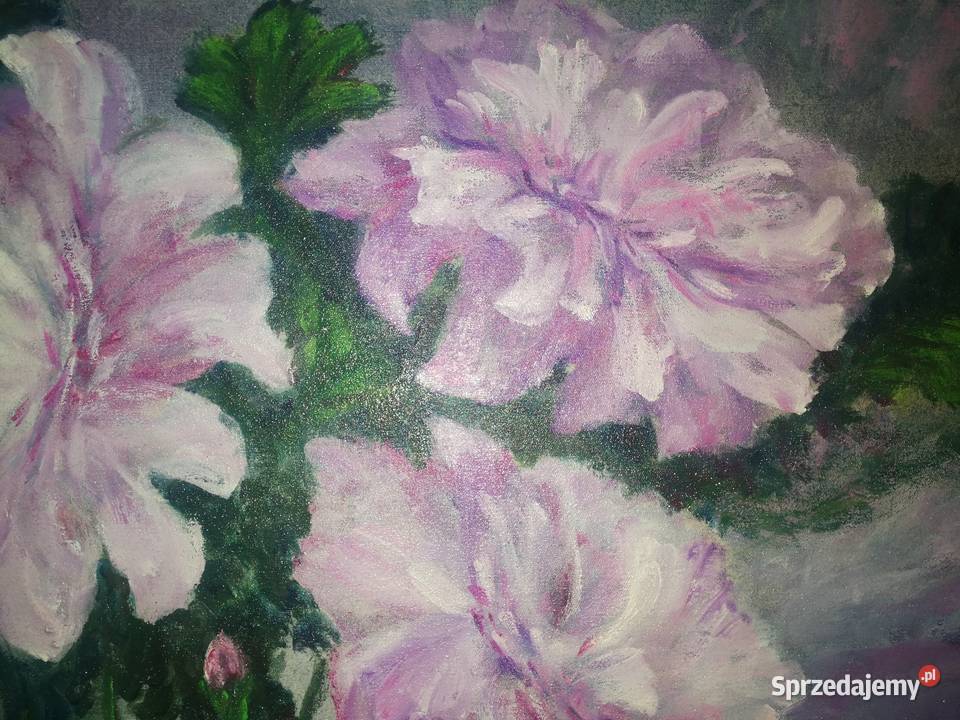 Bukiet pelargonii obraz olejny na płótnie Antyki, Sztuka, Kolekcje Kuźnia Raciborska