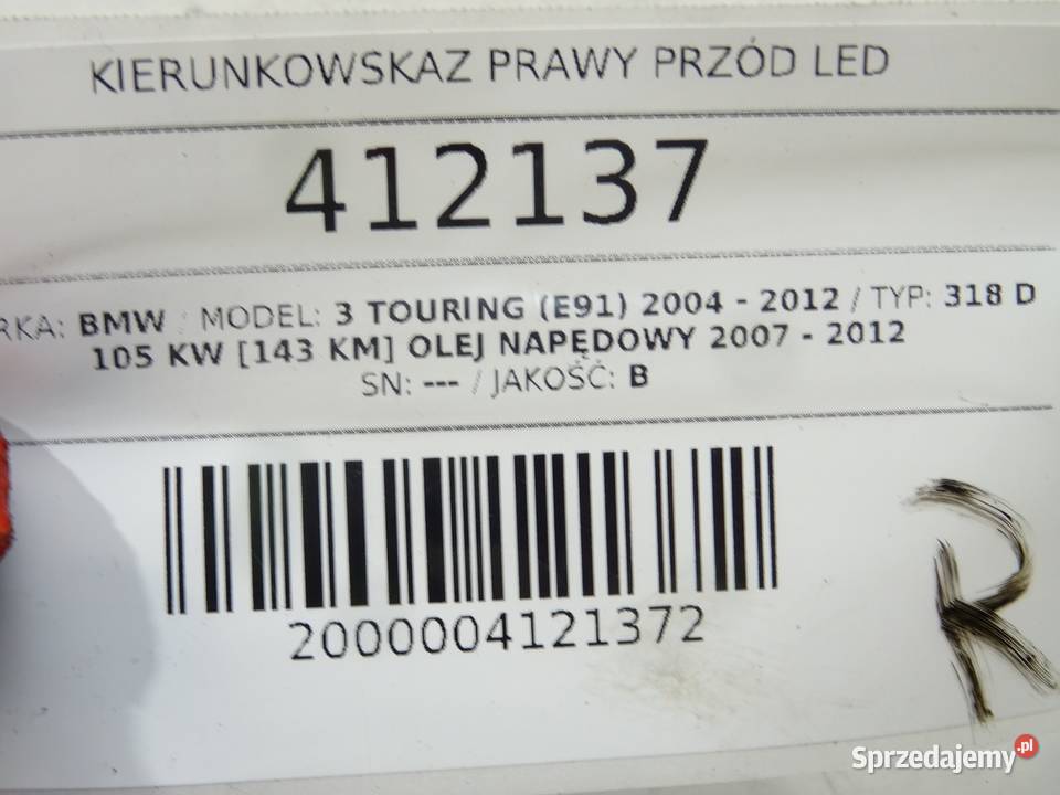 KIERUNKOWSKAZ PRAWY PRZÓD LED BMW E91 0412 osobowe