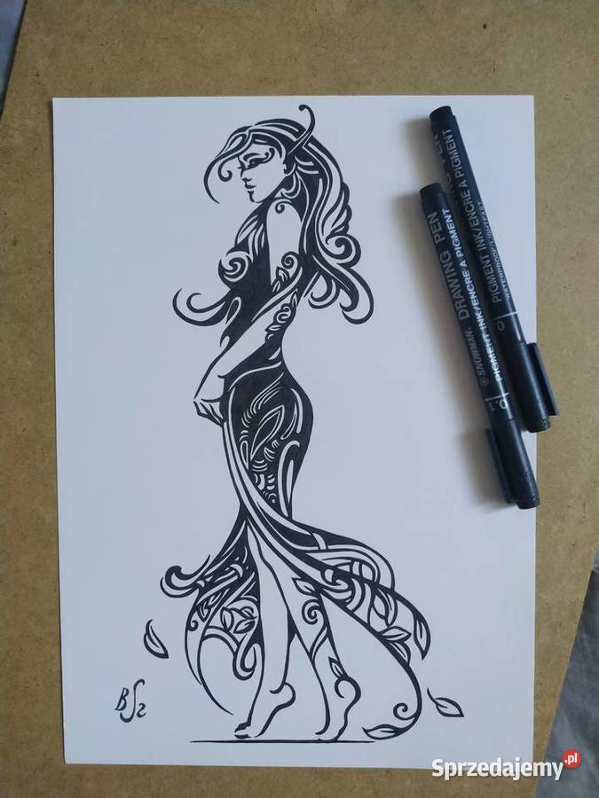 Rysunek w sukni cienkopis blok t A4 250 gm2 Antyki, Sztuka, Kolekcje mazowieckie