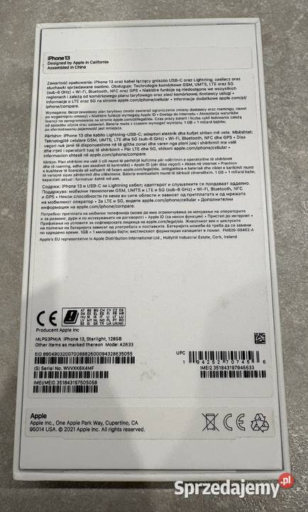 Smartfon APPLE iPhone 13 5G 128GB 61 Biały Apple / iPhone małopolskie sprzedam