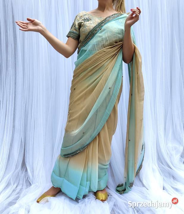 Piękne zdobione sari beż turkus koraliki saree Szczecin sprzedam