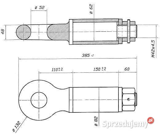 Ucho zaczepu obrotowe 52 mm L385 15 t OTO50 Kamionna