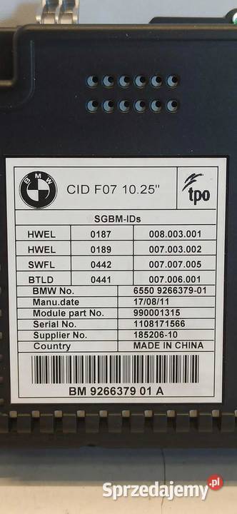 BMW F07 GT EKRAN WYŚWIETLACZ 9266379 osobowe sprzedam