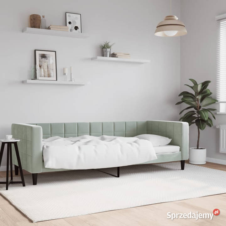 Sofa z funkcją spania jasnoszara obita aksamitem Warszawa