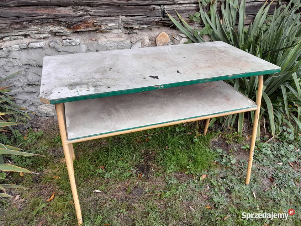 Stolik metalowy z dwoma blatami ławka PRL retro śląskie