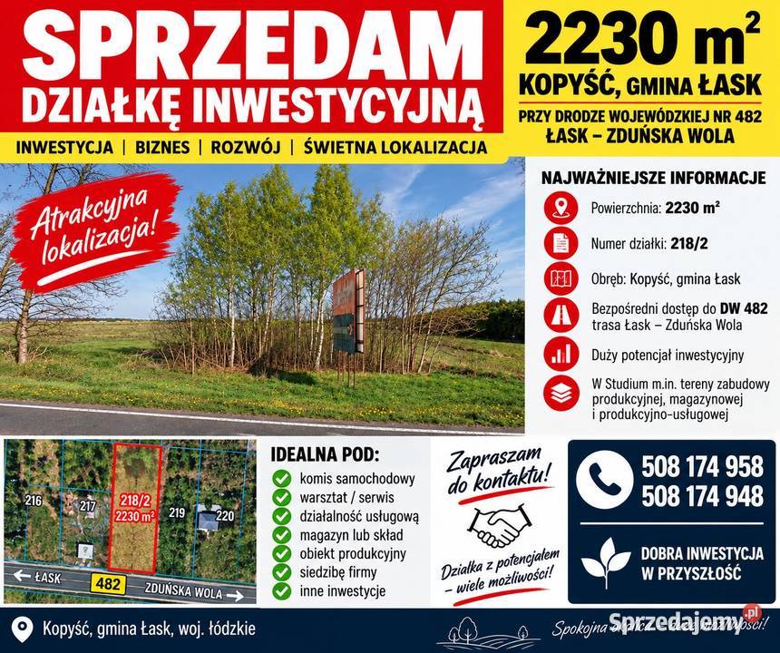 Działka inwestycyjna - 2230 m² – Kopyść, Łask – DK 482 - OKAZJA