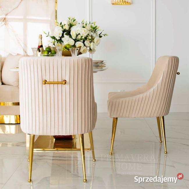 Krzesło glamour beżowe złote tapicerowane z 84cm