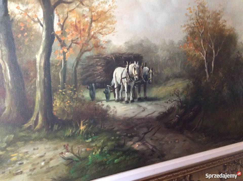 stary obraz olejny zaprzęg koński w lesie Wrocław sprzedam