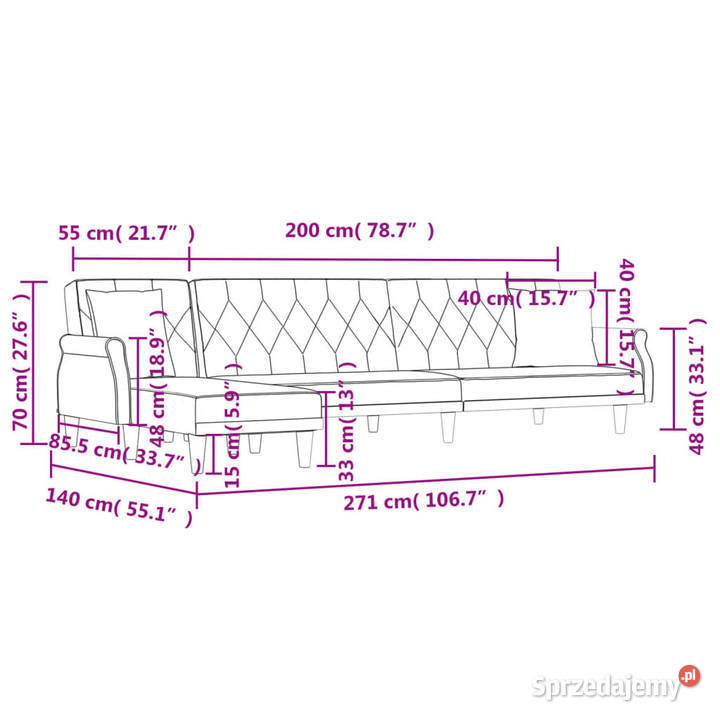 Sofa rozkładana L ciemnoszara 271x140x70 aksamit Warszawa