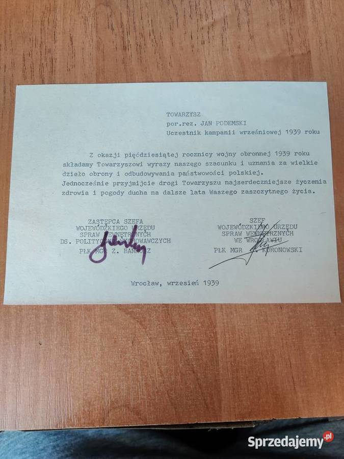 Dyplom uznania obronę ojczyzny 1939 r i inne Myszków