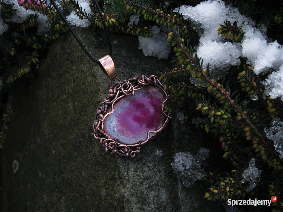Unikatowy wisior z różowym agatem miedź Kraków