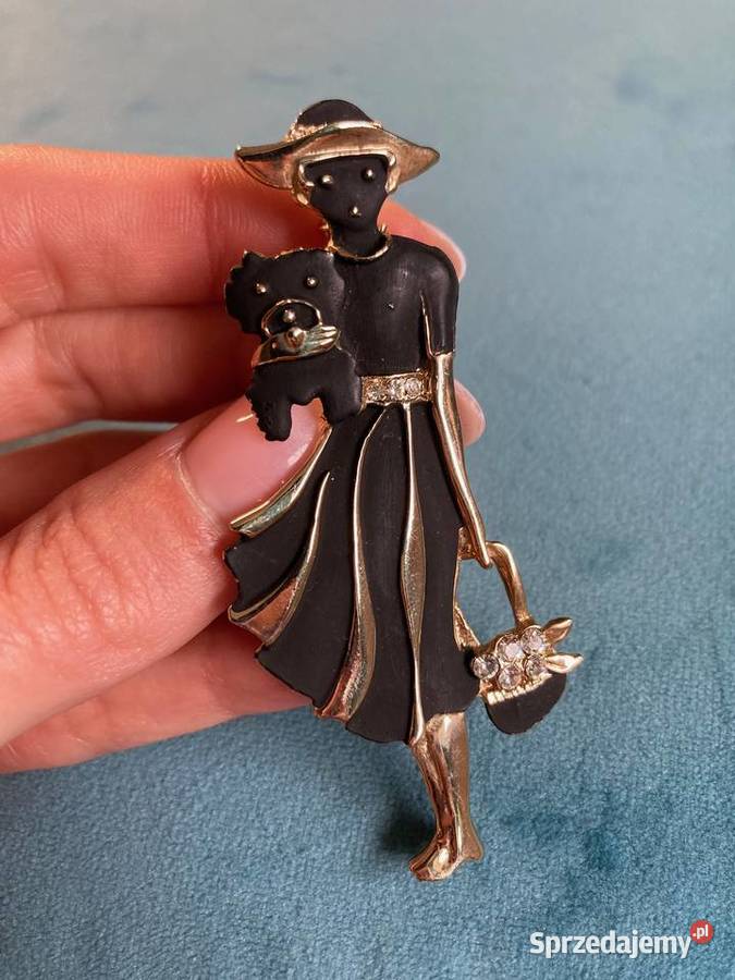 Nowa broszka vintage kobieta dama z pieskiem Ozdoby Nisko
