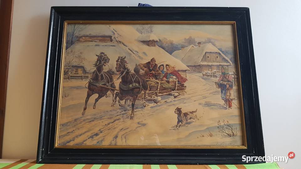 Stary duży obraz akwarela sygnowana Cz Dąbrowa Górnicza