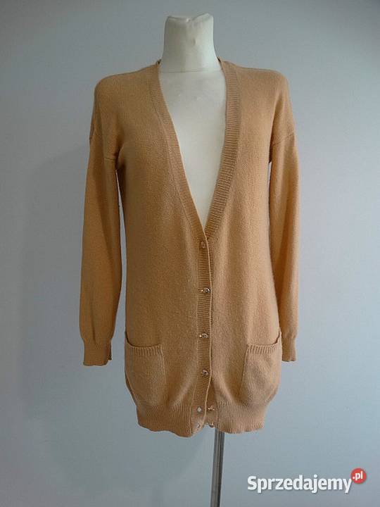 Sweter Kardigan z Angorą Długi Rozpinany brązowy/beżowy Łomża