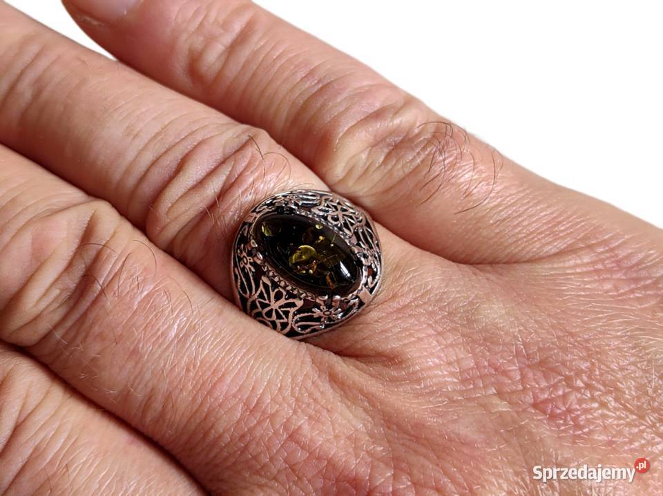 7412 Pierścionek z ZielonoKoniakowym Bursztynem srebro Pierścionki Kędzierzyn-Koźle