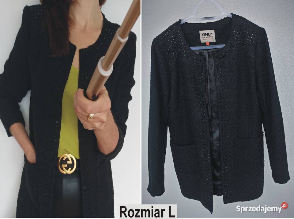 Czarna marynarka boucle z czarnymi cyrkoniami Inny materiał